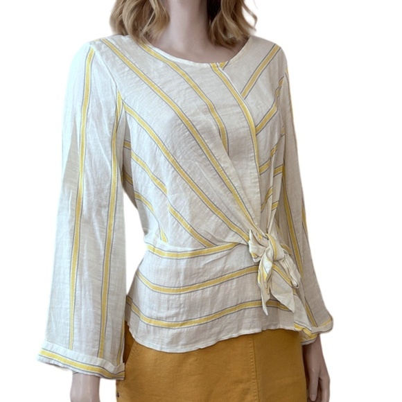 Lumina Made in Italy Linen Blouse Top Shirt Bow Tie Front Yellow Stripe NWOT - Picture 3 of 14